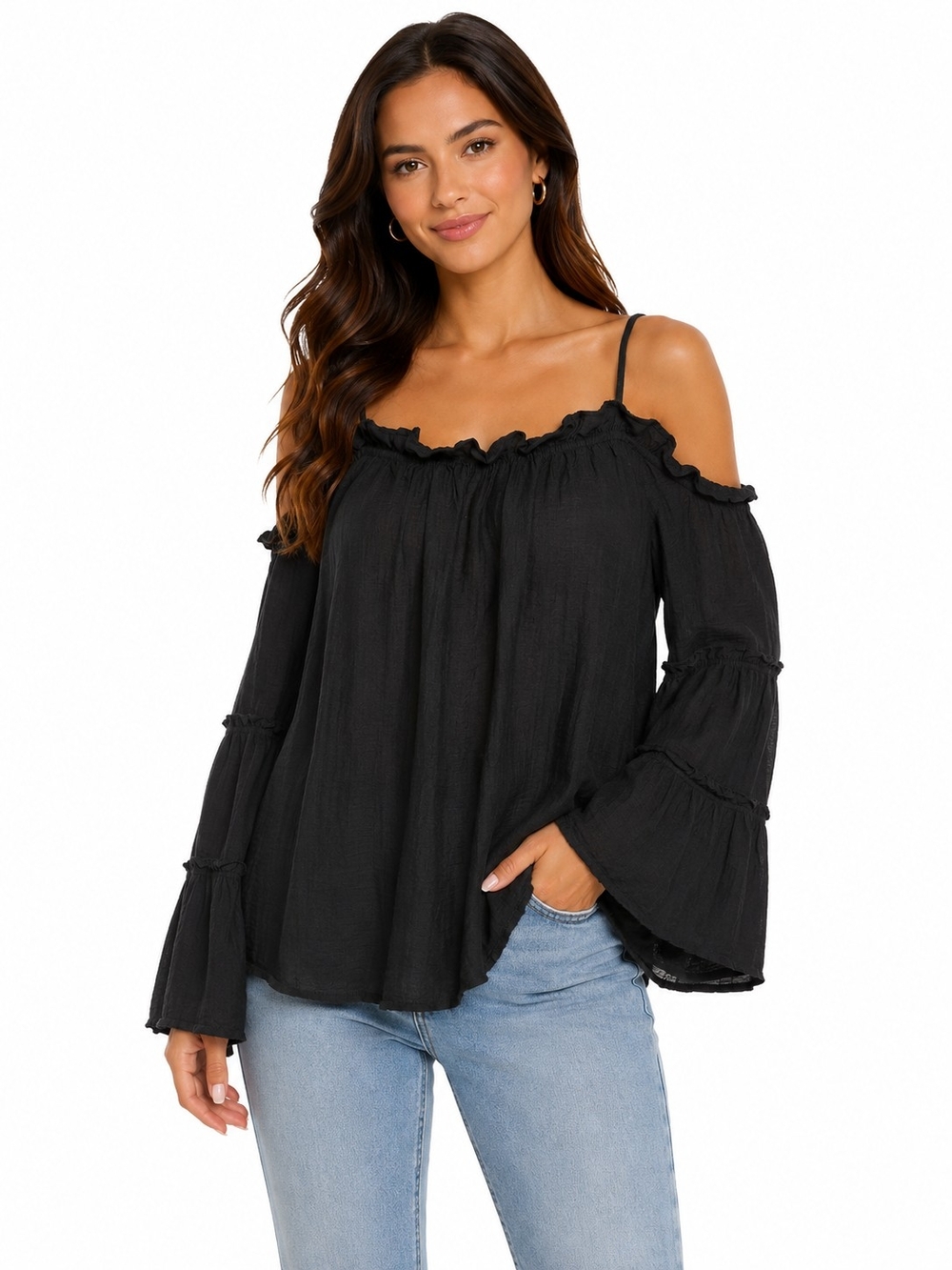 Women’s Black Cold-Shoulder Ruffle Peasant Top